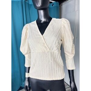 MINE Women's‎ Size L Blouse Top V-Neck Puff Sleeve Champagne Silver Stripe